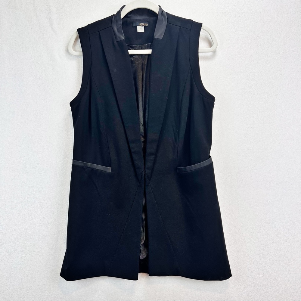 Renuar Black Long Line Tuxedo‎ Vest Size 6 Faux Leather Trim Mandarin Collar